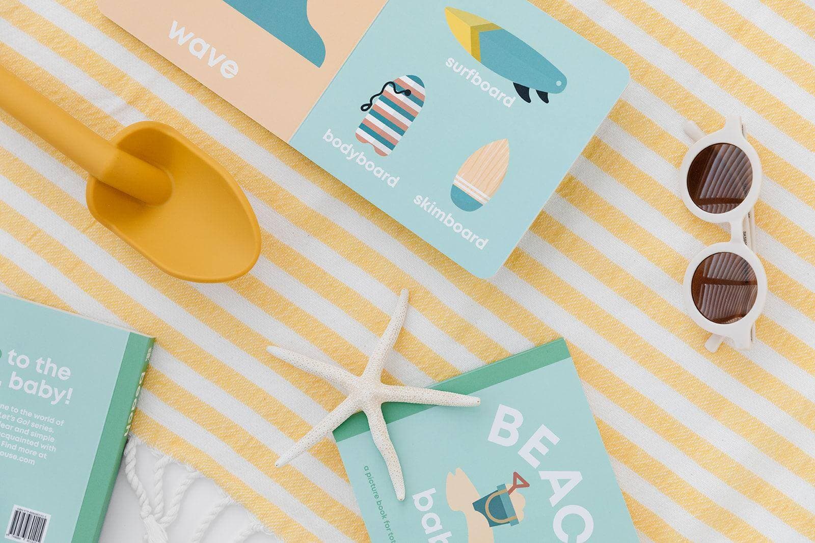 beach baby book, baby beach book, toddler beach book, sports book for toddlers, sports book for babies, baby board book soccer, modern baby books, cute board books, baby shower gift, nursery decor, baby surf book